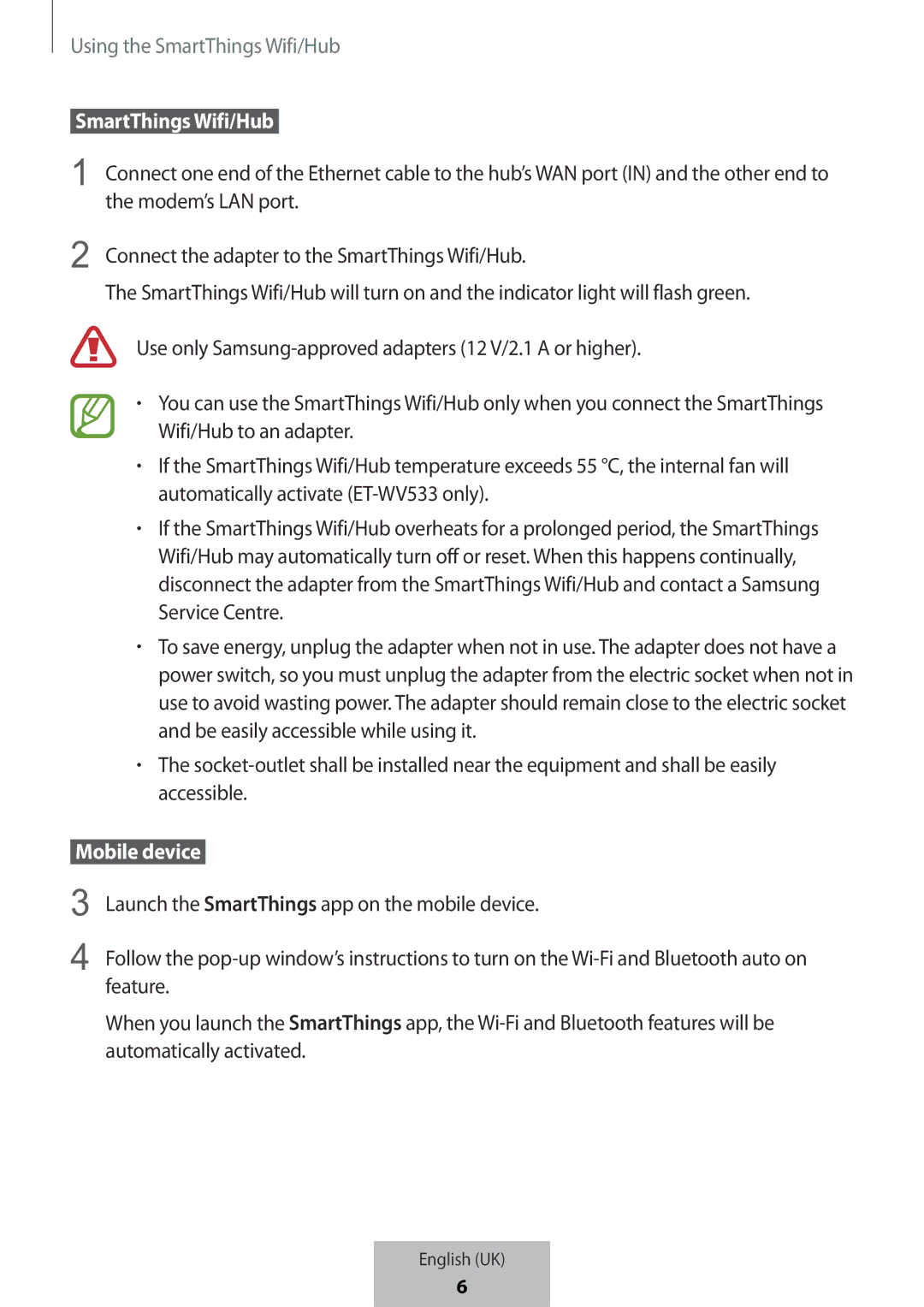 Samsung ET-WV523BWEGVF manual  SmartThings Wifi/Hub  